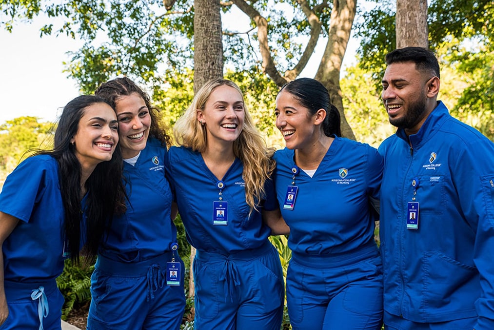 Students in the nursing program gather on campus for classes.