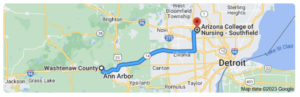 Directions From Washtenaw County Michigan to Arizona College of Nursing in Southfield