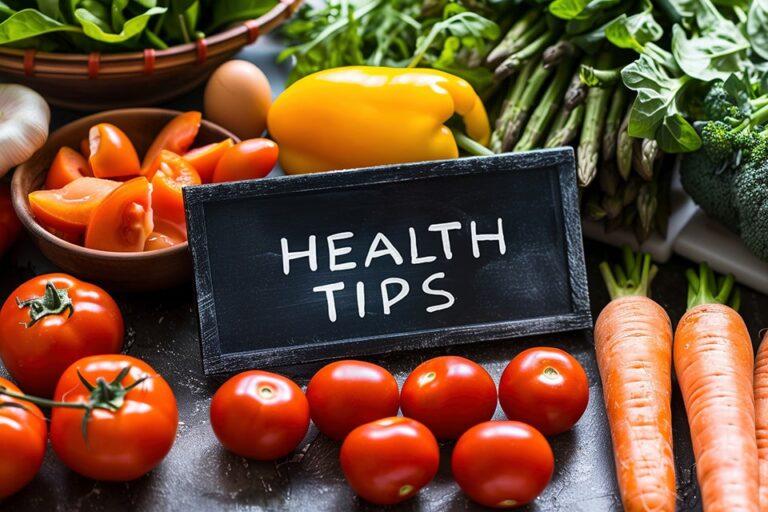 Variety of fresh vegetables with health tips chalkboard sign image. Tomatoes, carrots, broccoli, yellow bell pepper, leafy greens photography. Healthy eating concept photorealistic photo