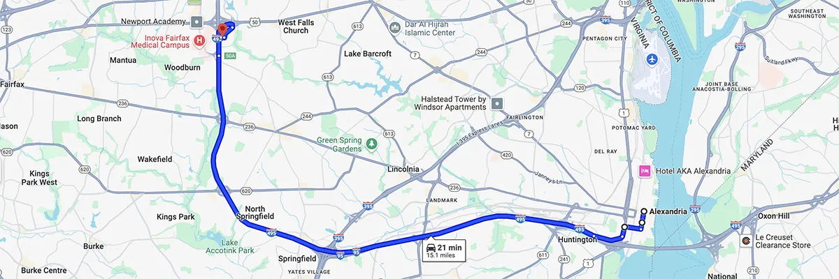 Nursing degree campus directions from Alexandria, VA to Arizona College of Nursing - Falls Church