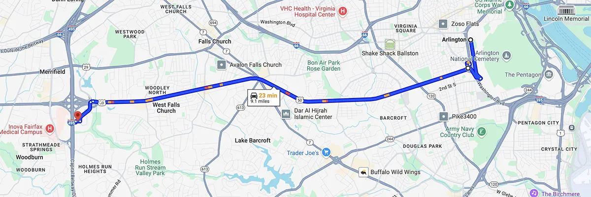 Nursing degree campus directions from Arlington, VA to Arizona College of Nursing - Falls Church
