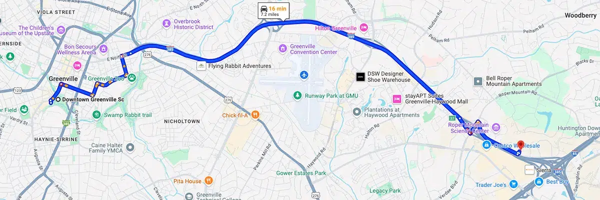 Nursing degree campus directions from Downtown Greenville South Carolina to Arizona College of Nursing - Greenville