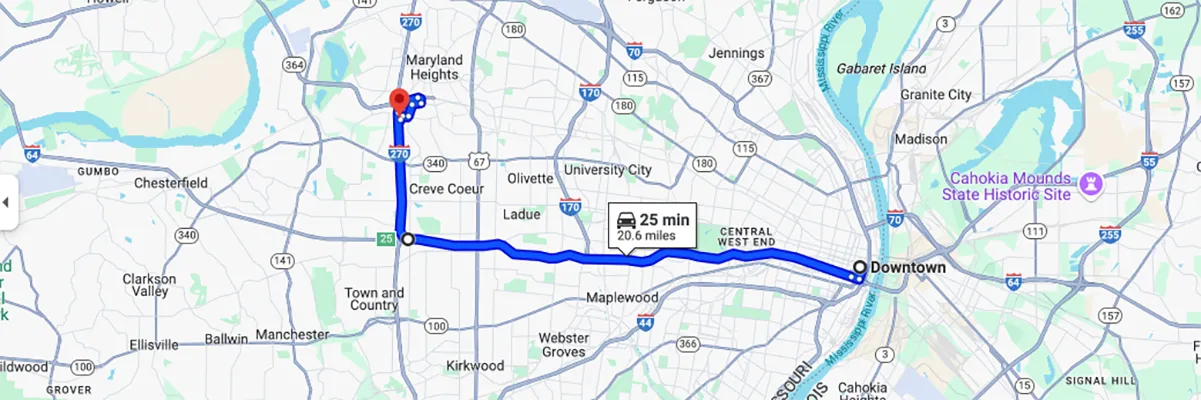 Nursing degree campus directions from Downtown St Louis to Arizona College of Nursing - St Louis