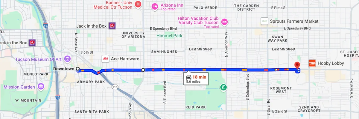 Nursing degree campus directions from Downtown Tucson to Arizona College of Nursing - Tucson