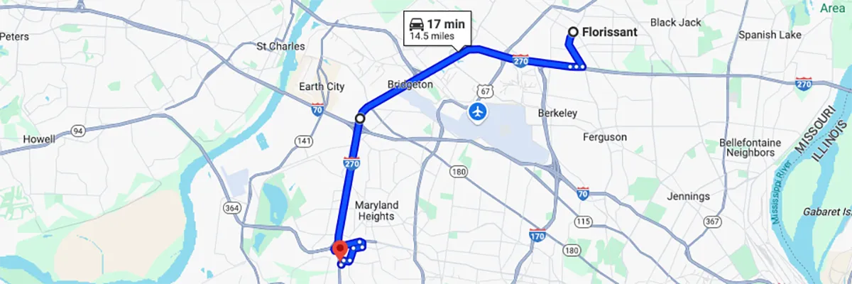 Nursing degree campus directions from Florissant St Louis to Arizona College of Nursing - St Louis