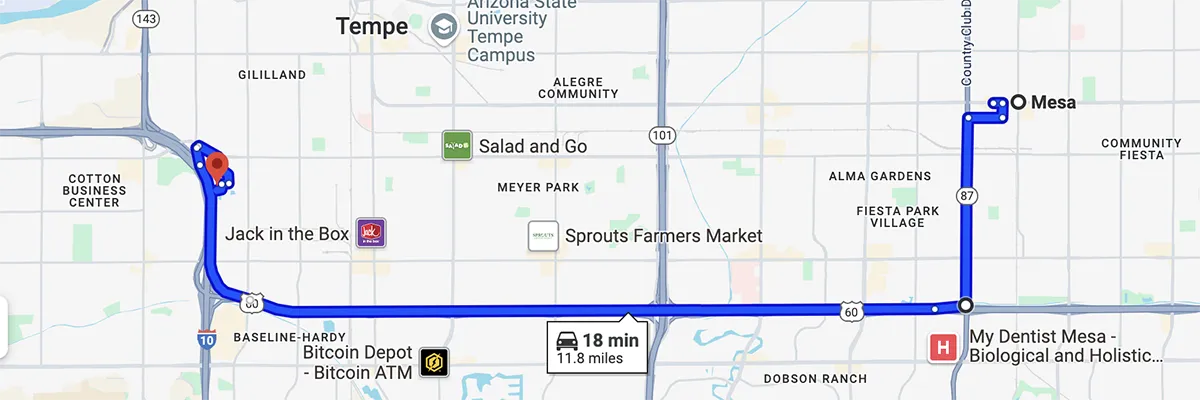 Nursing degree campus directions from Mesa Arizona to Arizona College of Nursing - Tempe