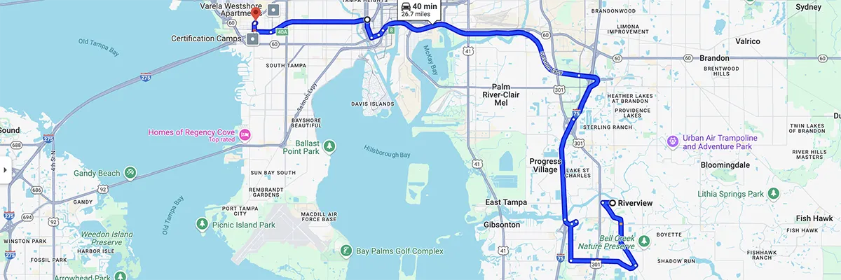 Nursing degree campus directions from Riverview Florida to Arizona College of Nursing - Tampa