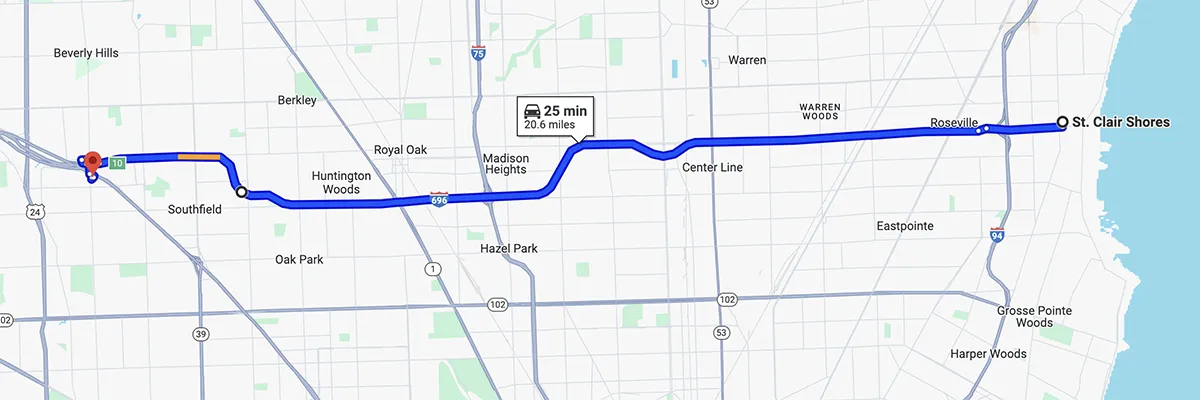 Nursing degree campus directions from St Clair Shores Michigan to Arizona College of Nursing - Southfield